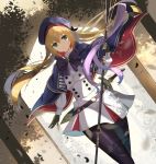 1girl artoria_pendragon_(all) artoria_pendragon_(caster) bangs belt blonde_hair blue_belt blue_cape blue_capelet blue_headwear breasts cape capelet fate/grand_order fate_(series) gloves green_eyes highres holding holding_staff inari_(ambercrown) long_hair long_sleeves looking_at_viewer multicolored multicolored_cape multicolored_capelet multicolored_clothes o-ring_belt pantyhose staff 