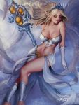  1girl blonde_hair breasts bustier closed_eyes elbow_gloves gloves janna_windforce large_breasts league_of_legends long_hair navel revealing_clothes shurakrgt staff tagme white_gloves 