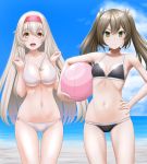  2girls ball beachball bikini black_bikini blue_sky breasts brown_eyes cleavage cloud collarbone commentary_request cowboy_shot day flat_chest green_eyes grey_hair hairband hand_on_hip headband highres kantai_collection large_breasts long_hair looking_at_viewer lowleg lowleg_bikini multiple_girls navel outdoors red_headband shoukaku_(kantai_collection) sky swimsuit t2r twintails white_bikini white_hair zuikaku_(kantai_collection) 