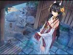  1girl animal_ear_fluff animal_ears azur_lane bangs bare_shoulders black_hair blunt_bangs blush breasts brick_floor bush cleavage detached_sleeves dress hair_between_eyes hair_ornament jewelry letterboxed long_hair looking_at_viewer nagato_(azur_lane) open_mouth puddle rain raised_eyebrows red_dress solo standing strapless strapless_dress sugita_ranpaku thighs twitter_username wet wet_clothes white_footwear wide_sleeves wringing_clothes wringing_dress yellow_eyes 