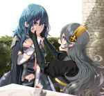  2girls alternate_color arm_guards armor blue_eyes blue_hair blush brick_wall byleth_(fire_emblem) byleth_(fire_emblem)_(female) cape coat corrin_(fire_emblem) corrin_(fire_emblem)_(female) cup fire_emblem fire_emblem:_three_houses fire_emblem_fates grey_hair hairband hands_on_another&#039;s_face long_hair looking_at_another medium_hair midriff multiple_girls navel open_mouth player_2 pointy_ears red_eyes sparkle super_smash_bros. table teacup very_long_hair yappen 