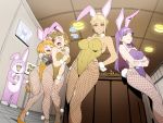  1boy 1other 4girls ^_^ animal_costume animal_ears bangs black_eyes black_hair blonde_hair blue_eyes bow bowtie breasts brown_eyes brown_hair brown_neckwear bunny_costume bunny_day bunny_ears bunnysuit cleavage closed_eyes covered_navel dark_skin decadence_(anime) detached_collar fake_animal_ears fei_(decadence) fishnets holding holding_sign kaburagi_(decadence) kurenai_(decadence) large_breasts leotard linmei_(decadence) medium_breasts multiple_girls natsume_(decadence) open_mouth orange_hair orange_leotard pipe_(decadence) purple_hair purple_leotard purple_neckwear red_eyes short_hair sign small_breasts wakayama_kazuto yellow_leotard yellow_neckwear 
