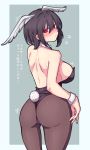  ... 1girl absurdres animal_ears ass back black_hair blue_background blush bunny_tail bunnysuit cowboy_shot detached_collar fate/grand_order fate_(series) flying_sweatdrops head_wings highres ishibori_eregomos leotard looking_at_viewer pantyhose red_eyes short_hair simple_background solo standing tail translation_request two-tone_background valkyrie_(fate/grand_order) wrist_cuffs 