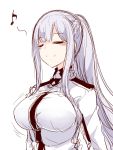  1girl ak-12_(girls_frontline) bangs blush braid closed_eyes closed_mouth commentary_request eyebrows_visible_through_hair french_braid girls_frontline high_collar high_ponytail highres hourai_kochou long_hair musical_note shirt sidelocks silver_hair smile standing white_background white_shirt 