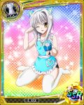  1girl animal_ears apron box card_(medium) cat_ears cat_girl cat_hair_ornament character_name chess_piece fake_animal_ears gift gift_box hair_ornament high_school_dxd looking_at_viewer official_art one_eye_closed open_mouth paw_pose rook_(chess) short_hair silver_hair smile solo source_request thighhighs toujou_koneko trading_card white_legwear yellow_eyes 
