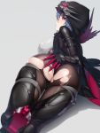  1girl absurdres arm_belt ass black_cloak black_hoodie blue_hair blurry bodysuit breasts buttons clawed_gauntlets cloak commentary depth_of_field feathers hand_on_own_ass highres honkai_(series) honkai_impact_3rd large_breasts looking_at_viewer looking_back lying on_stomach partial_bodysuit raven_(honkai_impact_3rd) red_eyes scallion15 short_hair simple_background skin_tight skindentation solo torn_bodysuit torn_clothes 