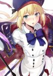  1girl artoria_pendragon_(all) artoria_pendragon_(caster) bangs blonde_hair blush bow bowtie breasts capelet dress eyebrows_visible_through_hair fate/grand_order fate_(series) gloves green_eyes hair_between_eyes hat hews_hack highres holding holding_staff long_hair long_sleeves looking_at_viewer open_mouth pantyhose simple_background solo staff sweat twintails white_background 