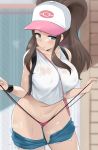  1girl bag baseball_cap black_vest blue_eyes blush breasts brown_hair curly_hair cutoffs denim denim_shorts exposed_pocket hat high_ponytail large_breasts long_hair navel noripachi panties pokemon pokemon_(game) pokemon_bw shirt short_shorts shorts shoulder_bag sidelocks sleeveless sleeveless_shirt solo sweat tank_top touko_(pokemon) underwear vest white_shirt wristband 