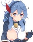  1girl ? ako_(blue_archive) bell blue_archive blue_eyes blue_hair blush breast_slip breasts collar commentary_request cowbell earrings gloves hair_between_eyes headband jewelry k-y large_breasts looking_at_viewer one_breast_out simple_background solo white_background 