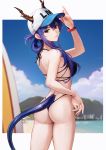  1girl absurdres adjusting_clothes adjusting_hat arknights ass ball bare_arms bare_shoulders baseball_cap beachball bikini blue_hair blue_sky breasts ch&#039;en_(arknights) character_name chinese_commentary commentary_request cowboy_shot day dragon_horns dragon_tail hand_up hat highres horns horns_through_headwear jeyu long_hair medium_breasts shadow sky solo standing surfboard swimsuit tail thighs white_headwear 