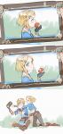  1girl alzi_xiaomi angry apple blonde_hair blue_eyes blush braid camera crown_braid eating embarrassed food fruit hair_ornament hairclip highres link looking_at_viewer outdoors pointy_ears princess_zelda sheikah_slate short_hair taking_picture the_legend_of_zelda the_legend_of_zelda:_breath_of_the_wild 