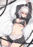  1girl ahoge alternate_costume arms_up bikini blush breasts chain enmaided fate/grand_order fate_(series) grey_hair hair_between_eyes jeanne_d&#039;arc_(alter)_(fate) jeanne_d&#039;arc_(fate)_(all) jjune lace lace-trimmed_bikini lace-trimmed_legwear large_breasts lying maid maid_bikini maid_headdress medium_breasts navel on_back short_hair shrug_(clothing) skindentation solo swimsuit thighhighs thighs twitter_username yellow_eyes 