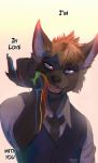  2020 anthro beastars brown_body brown_fur bust_portrait canid canine chrimson clothing detailed english_text fox fur hair hand_on_face hi_res inner_ear_fluff liquid looking_at_viewer male mammal necktie open_mouth orange_hair portrait rainbow_liquid school_uniform simple_background skully solo teeth text topwear tuft uniform vest white_background 