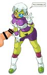  1boy 1girl armor bar_censor bike_shorts bodysuit boots breasts bukkake censored cheelai cum cum_on_body cum_on_breasts cum_on_upper_body dragon_ball dragon_ball_super gloves green_skin looking_at_viewer open_mouth penis purple_eyes pussy rtil scouter short_hair shorts shorts_pull simple_background smile solo_focus undressing white_background white_gloves white_hair 