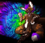  2020 4_toes african_wild_dog anthro brown_body brown_fur canid canine digital_media_(artwork) featureless_crotch fur hair male mammal open_mouth paws purple_eyes purple_hair ravoilie smile solo teeth toes tongue white_body white_fur 