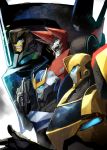 1girl 3boys autobot blue_eyes bumblebee dai-xt from_side grimlock gun highres holding holding_gun holding_weapon mecha multiple_boys no_humans open_mouth sideswipe strongarm_(transformers) transformers transformers:_robots_in_disguise_(2015) v-fin weapon 