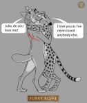  ancient_furry_art anthro black_and_white canid canine canis cheetah coyote dialogue duo ear_piercing ear_ring felid feline female furry_rome hi_res hug julia_(vestina) love male male/female mammal monochrome nude piercing servius_(vestina) spots vestina 