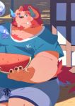  0119_muu 2020 anthro belly blush bottomwear chernobog clothing detailed_background food fruit hi_res kemono male melon overweight overweight_anthro overweight_male plant shirt shorts sitting solo tokyo_afterschool_summoners topwear video_games watermelon watermelon_slice 