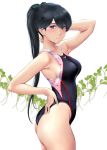  1girl arm_up armpits ass bangs bare_arms bare_legs bare_shoulders black_hair blue_eyes blush breasts closed_mouth collarbone competition_swimsuit cowboy_shot eyebrows_visible_through_hair floral_print hand_on_hip highleg highleg_swimsuit highres houshou_(kantai_collection) kantai_collection large_breasts long_hair looking_at_viewer one-piece_swimsuit ponytail sideboob simple_background smile solo swimsuit thighs wa_(genryusui) white_background 