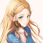  1girl bangs blonde_hair blush braid crown_braid csc00014 elf fingerless_gloves gloves green_eyes hair_ornament hairclip hand_on_own_face long_hair looking_at_viewer parted_bangs pointy_ears princess_zelda smile solo the_legend_of_zelda the_legend_of_zelda:_breath_of_the_wild upper_body 