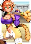  1girl animal_ears asakaze_abyss bandages breasts breath_of_fire breath_of_fire_ii cleavage eyebrows_visible_through_hair fingerless_gloves gloves green_eyes highres holding holding_staff looking_at_viewer orange_hair purple_gloves rinpoo_chuan shiny shiny_hair short_hair solo staff tail tiger_ears tiger_stripes tiger_tail 