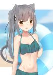  1girl absurdres animal_ears bikini bikini_skirt blue_sky brown_eyes cat_ears cloud commentary_request frilled_bikini frills green_bikini grey_hair highres innertube kafi_(cafee_kuu) kantai_collection kasumi_(kantai_collection) long_hair looking_at_viewer side_ponytail sky solo swimsuit 