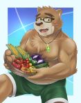  2020 5keys_x86 absurd_res anthro belly bottomwear brown_body brown_fur bulge clothing eyewear food fur glasses hi_res kemono male mammal overweight overweight_anthro overweight_male shorts solo tokyo_afterschool_summoners ursid video_games volos 