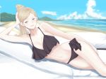  1girl alternate_hairstyle arm_support beach bikini black_bikini blonde_hair blue_eyes blue_sky breasts chair cleavage cloud commentary_request day frilled_bikini frills hair_between_eyes highres horizon kantai_collection long_hair looking_at_viewer lounge_chair lying medium_breasts mole mole_under_eye mole_under_mouth mountain ocean on_side outdoors ponytail richelieu_(kantai_collection) shingyo side-tie_bikini sky solo swimsuit umbrella 