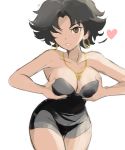  1girl betty_boop betty_boop_(character) black_dress black_hair breasts brown_eyes cleavage dress earrings gold_necklace grabbing_own_breast groping heart highres hoop_earrings jewelry medium_breasts necklace one_eye_closed rakeem_garcia-cueto short_hair smile 