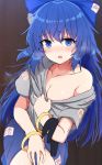 absurdres antinomy_of_common_flowers bare_shoulders blue_eyes blue_hair blush bracelet breasts cleavage commentary grey_shirt heart heart-shaped_pupils highres jewelry long_hair medium_breasts open_mouth shirt shirt_hold shoulders solo symbol-shaped_pupils tksand touhou very_long_hair yorigami_shion 