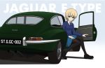  1girl black_legwear blonde_hair blue_eyes blue_sweater braid car darjeeling_(girls_und_panzer) girls_und_panzer ground_vehicle kano_(nakanotakahiro1029) legs motor_vehicle pantyhose school_uniform sweater vehicle_focus 