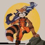  5_fingers accessory anthro bulge clothing erection erection_under_clothing fingers guardians_of_the_galaxy long_tail male mammal marvel nails paws procyonid raccoon rocket_raccoon simple_background smile solo tight_clothing tobbywolf uniform weapon 