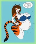  anthro belly big_belly big_breasts bikini breasts clothing dialogue felid female hair hi_res huge_breasts mammal mattfolfsky max_o-zuma pantherine pregnant solo swimwear tiger wouhlven 