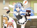  ! /\/\/\ 3girls :d ^_^ angora_rabbit animal animal_ears apron bangs black_hairband black_skirt blonde_hair blue_eyes blue_hair blurry blurry_background blush brown_hair bunny bunny_ears camera caught center_frills chestnut_mouth closed_eyes closed_mouth collared_shirt commentary_request depth_of_field eyebrows_visible_through_hair fake_animal_ears fleur_de_lapin_uniform floppy_ears frilled_apron frilled_hairband frilled_skirt frills gochuumon_wa_usagi_desu_ka? hair_between_eyes hair_ornament hairband hairclip heart holding holding_camera holding_tray hoto_cocoa indoors kafuu_chino kirima_sharo long_hair long_sleeves looking_at_viewer miicha multiple_girls notice_lines open_mouth parted_lips peeking_out puffy_short_sleeves puffy_sleeves shirt short_sleeves skirt sleeves_past_wrists smile spoken_exclamation_mark spoken_heart standing standing_on_one_leg sweat taking_picture thighhighs tippy_(gochiusa) tray twitter_username uniform very_long_hair waist_apron waitress white_apron white_legwear white_shirt wrist_cuffs x_hair_ornament 