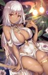  1girl artist_name azur_lane bangs bare_shoulders blush breasts cleavage commentary covered_navel dark_skin dress eyebrows_visible_through_hair facial_mark flower forehead_mark hand_up highres large_breasts light_bulb long_hair looking_at_viewer massachusetts_(azur_lane) massachusetts_(dressed_to_impress)_(azur_lane) nail_polish parted_lips pink_flower red_eyes silver_hair sitting sleeveless sleeveless_dress solo squchan very_long_hair white_dress white_flower white_nails 