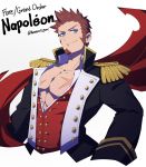  1boy abs beard blue_eyes brown_hair chest collar cropped_torso epaulettes facial_hair fate/grand_order fate_(series) fringe_trim goatee jacket long_sleeves looking_at_viewer male_focus muscle napoleon_bonaparte_(fate/grand_order) neo_kabocha open_clothes open_jacket open_shirt pectorals scar sideburns smile solo unbuttoned 