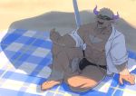  1boy abs bara beard bulge chest chest_hair facial_hair full_body furry horns katoributa_a male_focus manly muscle nipples pectorals purple_eyes purple_horns shennong_(tokyo_afterschool_summoners) shirtless solo thighs tokyo_houkago_summoners under_umbrella undressing white_hair 