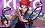  1boy beads black_nails chain character_name english_text fingernails grin highres hypnosis_mic jacket jewelry male_focus necklace open_clothes open_jacket parted_lips pinky_ring prayer_beads red_hair ring smile solo teeth uedrk_yamato yellow_eyes 