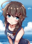  1girl ahoge artist_name beach blue_eyes blue_sky blue_swimsuit braid brown_hair cloud commentary_request cowboy_shot day hair_flaps hair_ornament hair_over_shoulder highres horizon kantai_collection long_hair looking_at_viewer name_tag ocean outdoors remodel_(kantai_collection) school_swimsuit shigure_(kantai_collection) single_braid sky solo soramuko swimsuit 