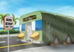  2016 ambiguous_gender arthropod blue_eyes bus bus_stop charjabug cloud commercial_vehicle day english_text green_body insect license_plate looking_at_viewer nintendo outside palm_tree plant pok&eacute;mon pok&eacute;mon_(species) public_transportation road sea shaded shrub sky tarripup text tree vehicle vehicle_for_hire video_games water 