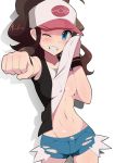  1girl ;) bare_arms bare_shoulders baseball_cap big_hair black_vest blue_eyes breast_press breasts brown_hair buttons clenched_hand denim denim_shorts exposed_pocket eyebrows_visible_through_hat grin groin hand_on_own_cheek hand_on_own_face hand_up harubato hat highres lifted_by_self looking_at_viewer medium_breasts navel no_bra one_eye_closed outstretched_arm pokemon pokemon_(game) pokemon_bw shirt shirt_lift short_shorts shorts sidelocks sleeveless sleeveless_shirt smile solo stomach sweat touko_(pokemon) unaligned_breasts vest white_shirt wristband 