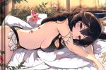  1girl animal_ears armlet ass backless_swimsuit bangs bare_shoulders black_hair black_swimsuit braid breast_press breasts butt_crack casual_one-piece_swimsuit cleavage cleavage_cutout commentary_request erune flower from_side gem granblue_fantasy highres leaf long_hair looking_at_viewer looking_to_the_side lying medium_breasts nier_(granblue_fantasy) on_stomach one-piece_swimsuit petals pillow pink_flower red_eyes side_braid single_braid solo swimsuit venomrobo very_long_hair 