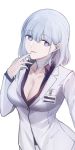  1girl absurdres bandaged_neck bangs breasts cleavage collared_shirt earpiece etoile finger_to_mouth formal girls_frontline highres id_card jacket large_breasts pale_skin purple_eyes purple_shirt rpk-16_(girls_frontline) shirt short_hair silver_hair suit tongue tongue_out unbuttoned unbuttoned_shirt white_background white_jacket white_suit 