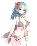  1girl bikini black_bikini blue_eyes blue_hair breasts byleth_(fire_emblem) byleth_(fire_emblem)_(female) cleavage closed_mouth dagger fire_emblem fire_emblem:_three_houses fire_emblem_heroes flower fruitfroze hair_flower hair_ornament highres sheath sheathed simple_background solo swimsuit weapon white_background 