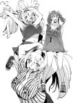  2girls :d bouncing_breasts breasts character_name cheerleader cleavage gambier_bay_(kantai_collection) gotland_(kantai_collection) greyscale hands_up highres kantai_collection large_breasts long_hair looking_at_viewer monochrome multiple_girls multiple_views nonco open_mouth pleated_skirt pom_poms shirt shoes skirt smile tears twintails white_background 