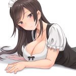  1girl blush breasts brown_hair cleavage closed_mouth collarbone commentary_request dirndl german_clothes large_breasts long_hair looking_at_viewer lying maid maid_headdress meow_(nekodenki) on_stomach original puffy_short_sleeves puffy_sleeves red_eyes short_sleeves simple_background smile solo white_background 