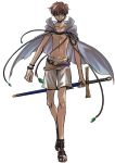  1boy bangs bracelet brown_hair cape closed_mouth code_geass collarbone full_body green_eyes grey_cape hair_between_eyes highres holding holding_sword holding_weapon jewelry kururugi_suzaku looking_at_viewer male_focus nuts_takahashi sheath sheathed shiny shiny_hair shorts simple_background sketch solo sword weapon white_background white_shorts 