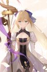  1girl ahoge artoria_pendragon_(all) artoria_pendragon_(caster) blonde_hair breasts cleavage collarbone commentary_request cowboy_shot dress eyebrows_visible_through_hair eyes_visible_through_hair fate/grand_order fate_(series) gloves green_eyes hair_between_eyes highres holding holding_staff long_hair long_sleeves looking_at_viewer panties revision siino small_breasts solo staff standing thighhighs twintails underwear 