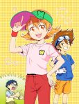  1daijida 1girl 2boys :d bangs blonde_hair blue_shirt brown_eyes brown_hair digimon digimon_adventure gloves goggles goggles_on_head grin hair_between_eyes hands_on_hips kido_jou looking_at_viewer multiple_boys open_mouth pants pink_shirt red_pants shiny shiny_hair shirt short_hair short_sleeves shorts smile solo spiked_hair takenouchi_sora visor_cap white_gloves yagami_taichi yellow_background yellow_shorts 