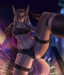  2020 anthro breasts brown_hair city detailed_background digital_media_(artwork) elvofirida eyebrows eyelashes felid feline female hair hi_res looking_at_viewer mammal midriff navel night outside solo 